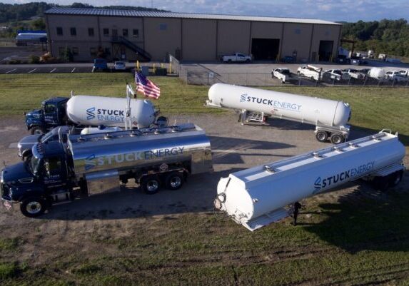 Aerial view of the Stuck Energy tanker fleet parked at the company terminal
